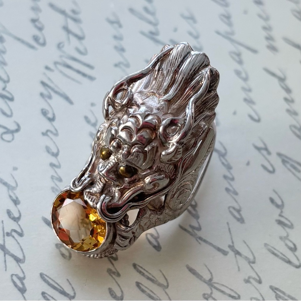 Sterling Silver Dragon Ring Citrine Gemstone Size 7